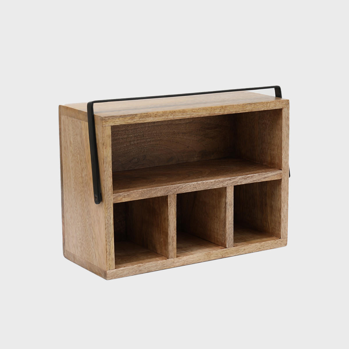 Multi compartment mango wood caddy with black iron handle with structured, low-profile walls and open-top design.