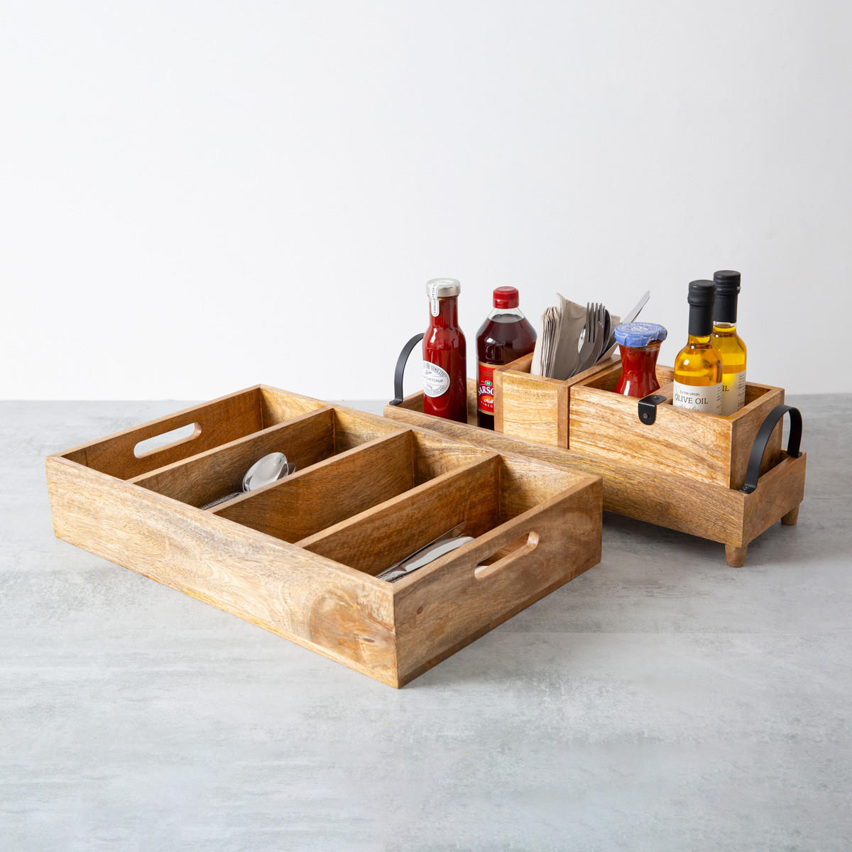 Large mango wood cutlery tray with structured, low-profile walls and open-top design.