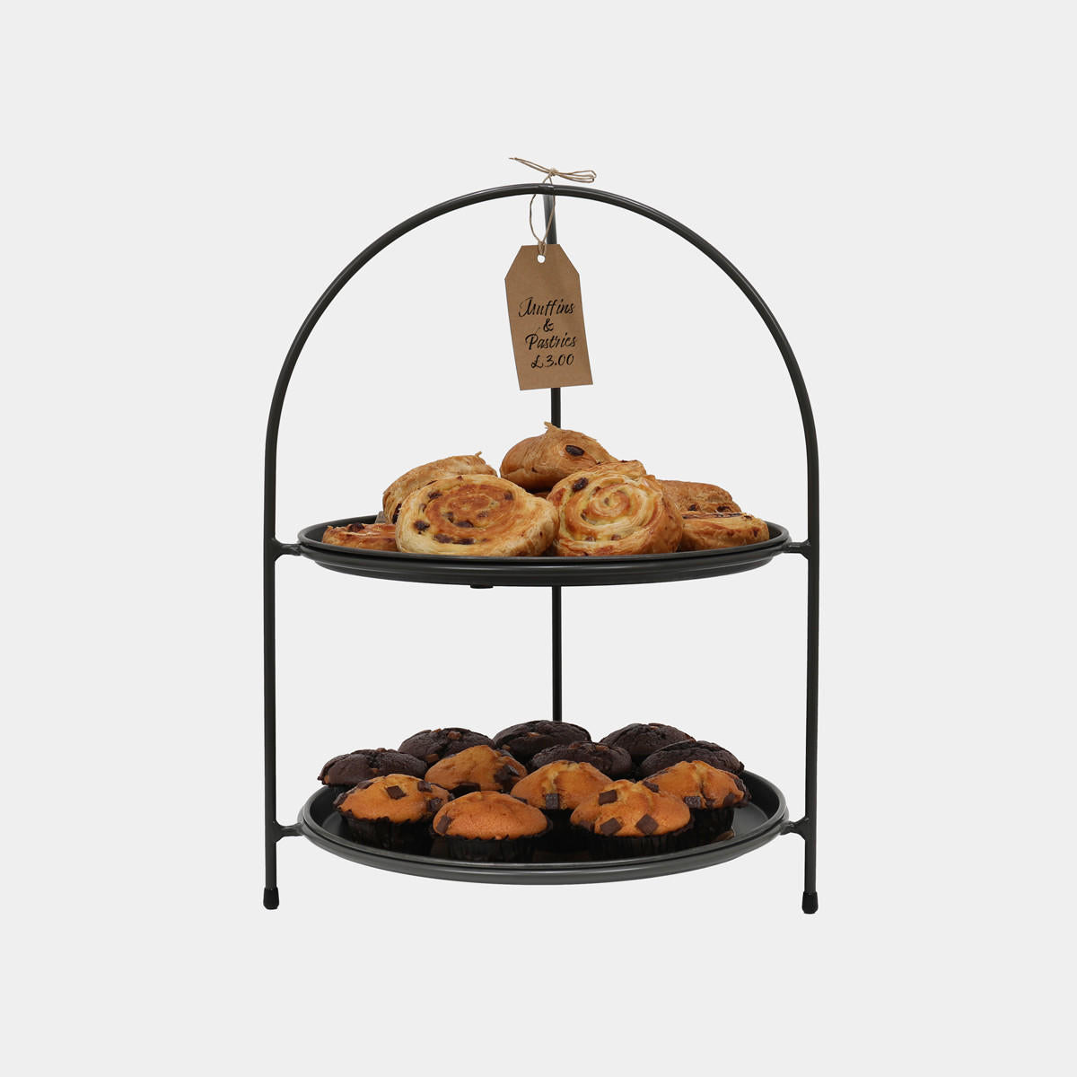 Leander metal tiered riser with metal serving tray designed to add functional height and dimension.