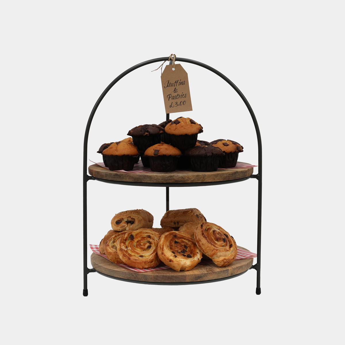 Leander metal tiered riser with mango wood serving board designed to add functional height and dimension.