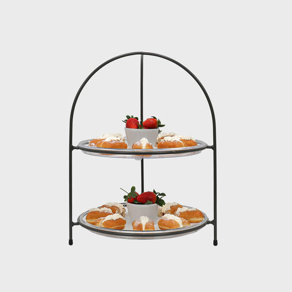 Leander metal tiered riser with handle and acrylic tray designed to add functional height and dimension.