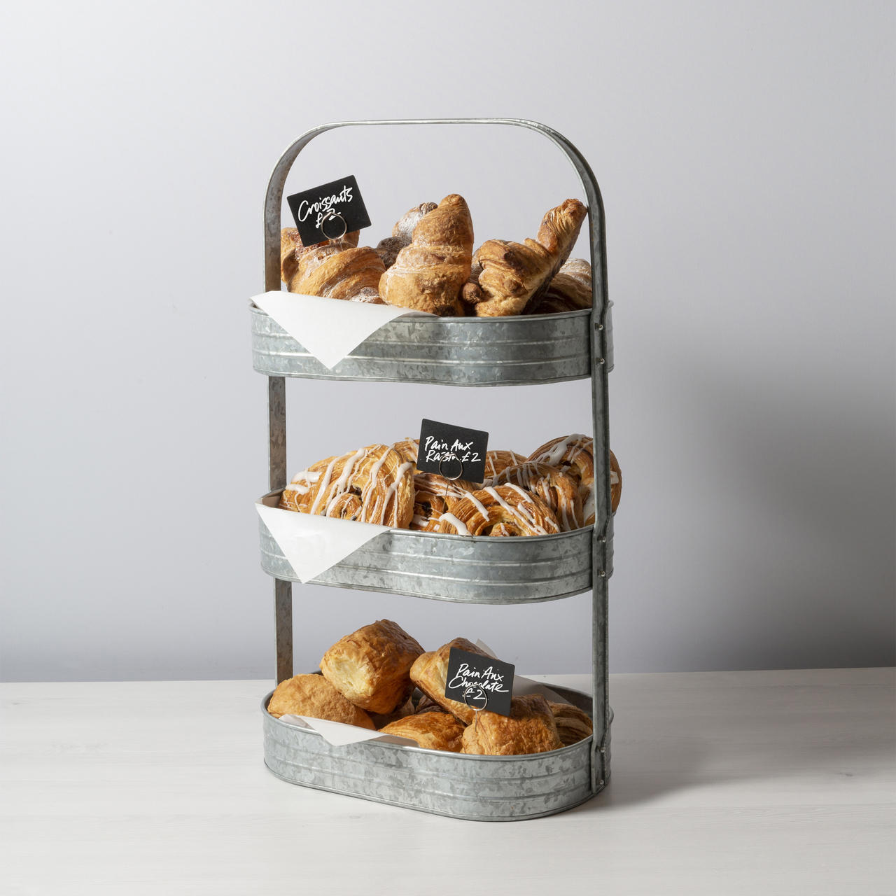 Galvanised metal 3 tier small display stand.