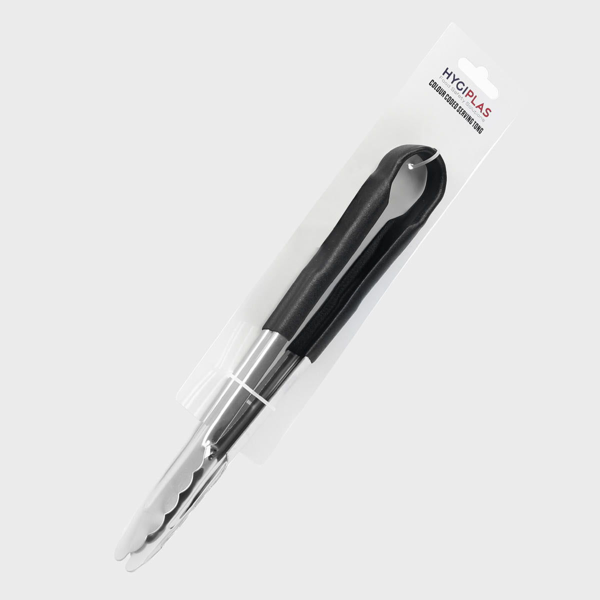 Stainless steel serving tongs with black vinyl grip.