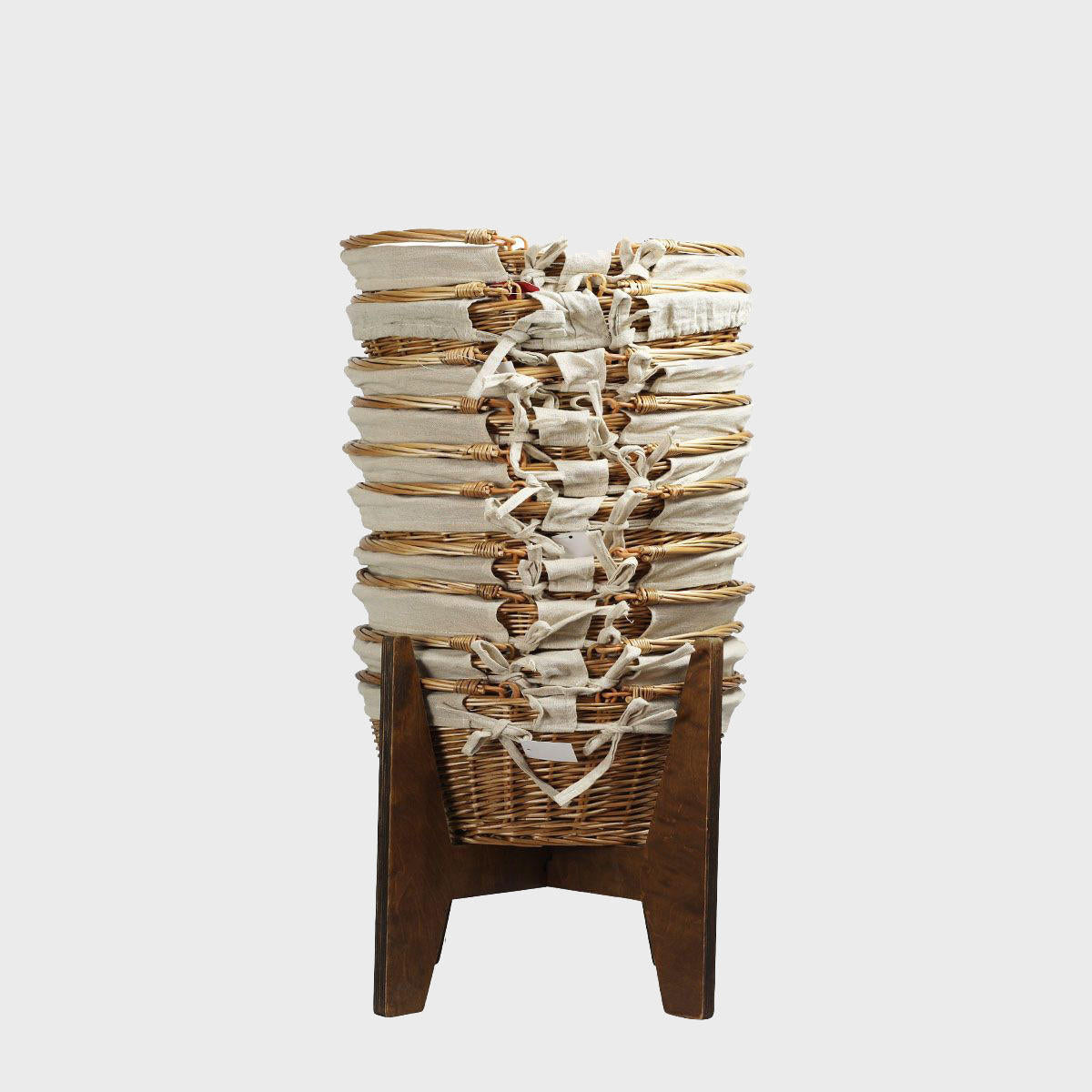 Lined wicker shopping baskets with stand hand-woven from natural split-wicker.