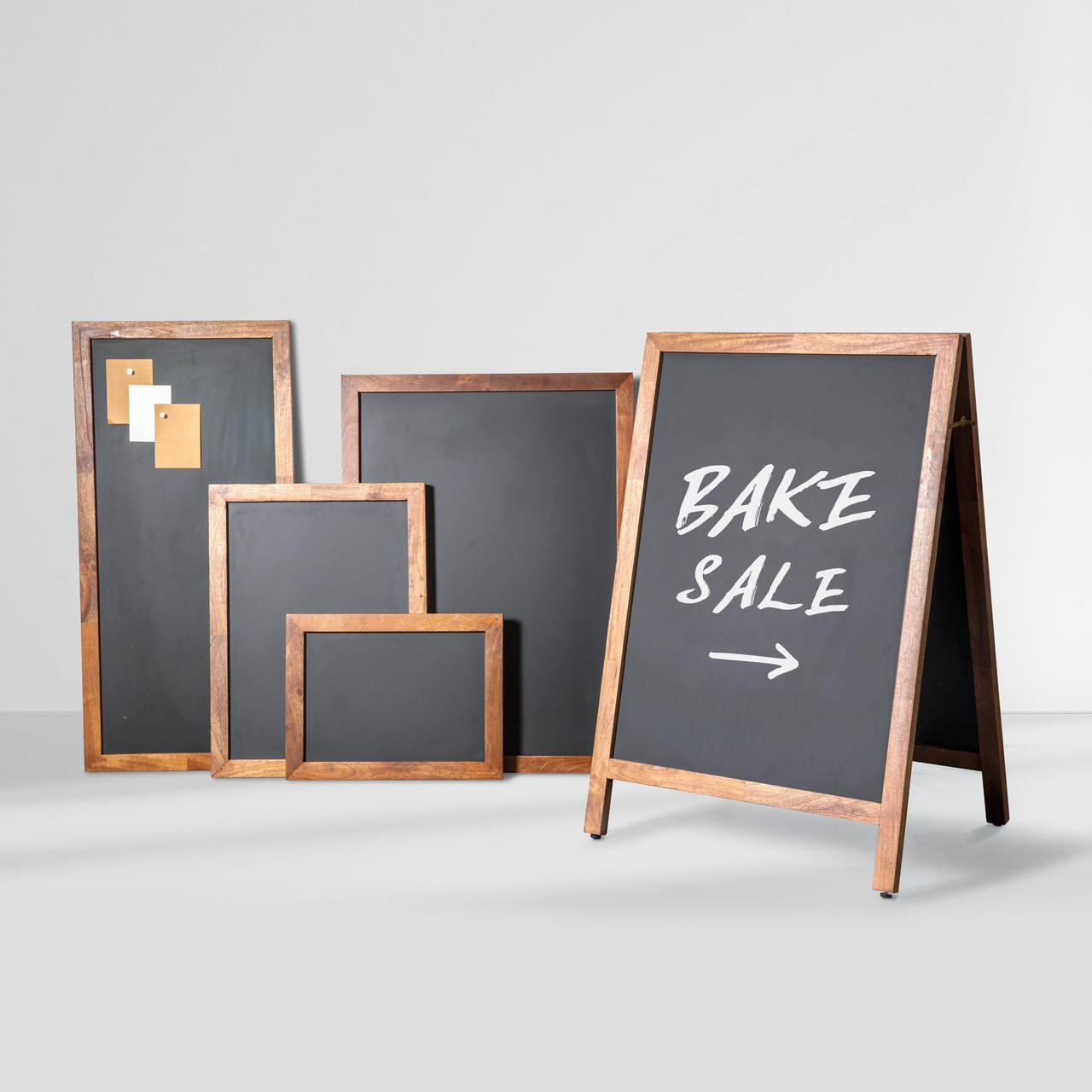 Long chalkboard with solid mango wood frame with a clean surface for visible retail messaging.