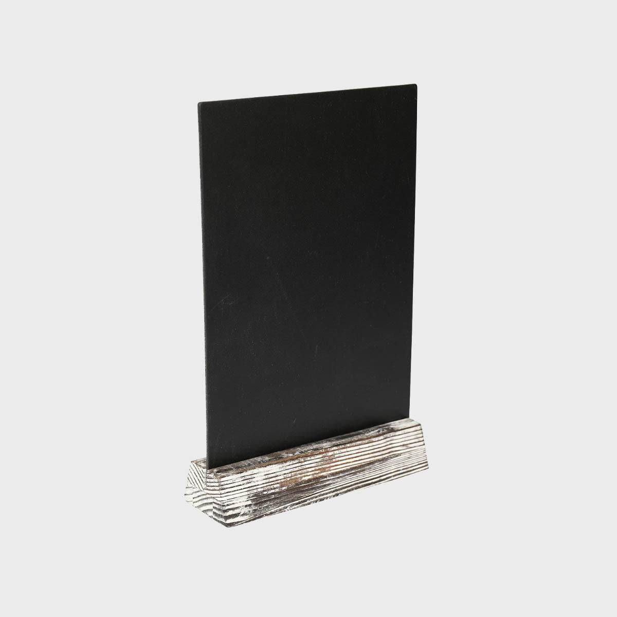3 Distressed pine stands and chalkboards with a clean surface for visible retail messaging.