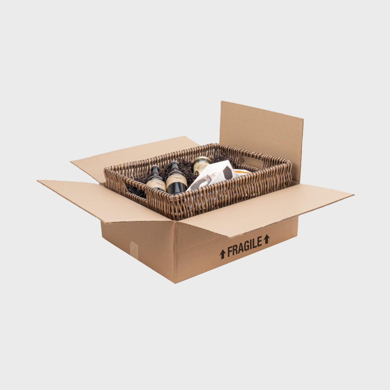 Wide wicker tray protective outer with structured, low-profile walls and open-top design.
