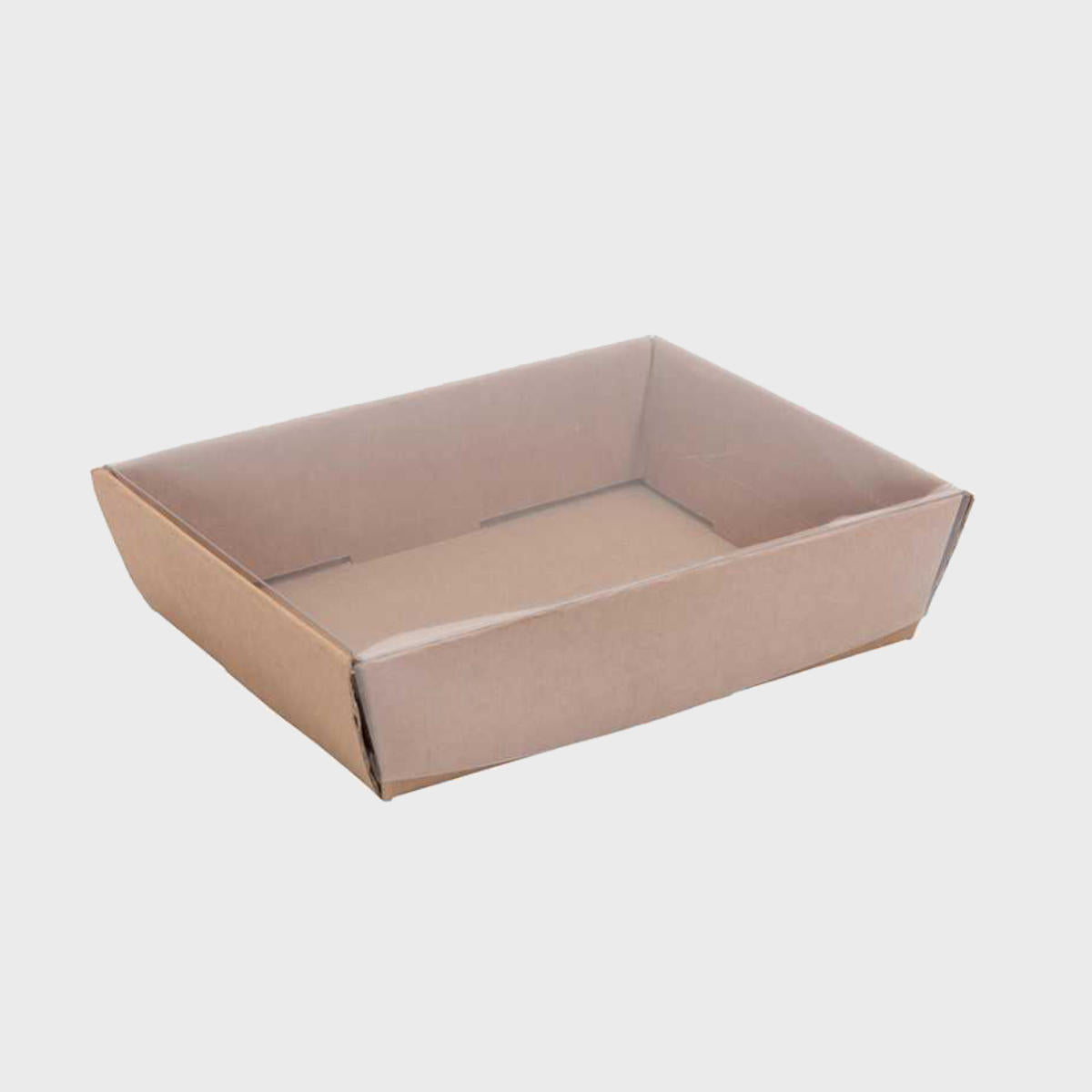 Small kraft half height card tray with structured, low-profile walls and open-top design.