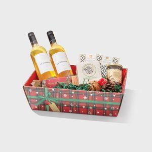 Christmas tartan gift tray with structured, low-profile walls and open-top design.