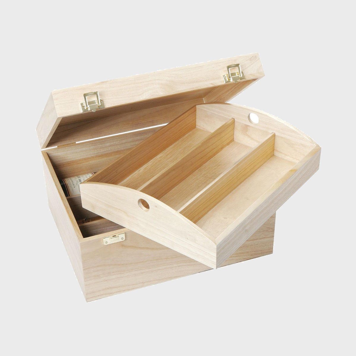 6 bottle wooden with hinged lid box with premium natural wood grain and secure hardware closures.