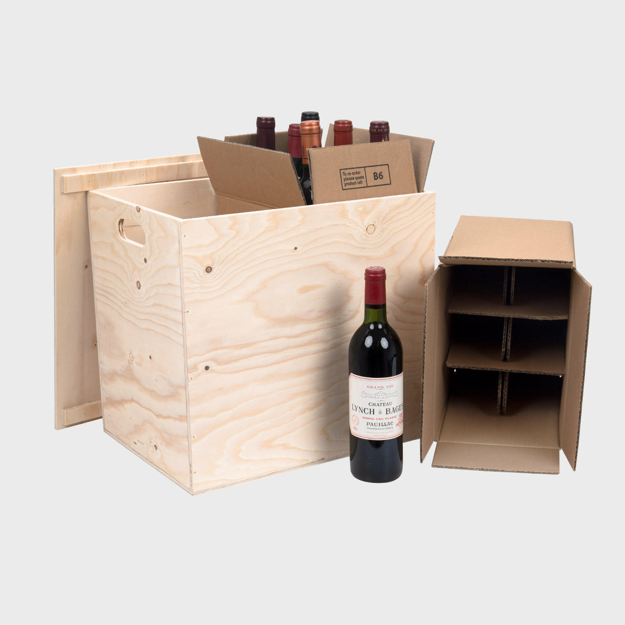 12 Bottle wooden hamper box with drop on lid with premium natural wood grain and secure hardware closures.