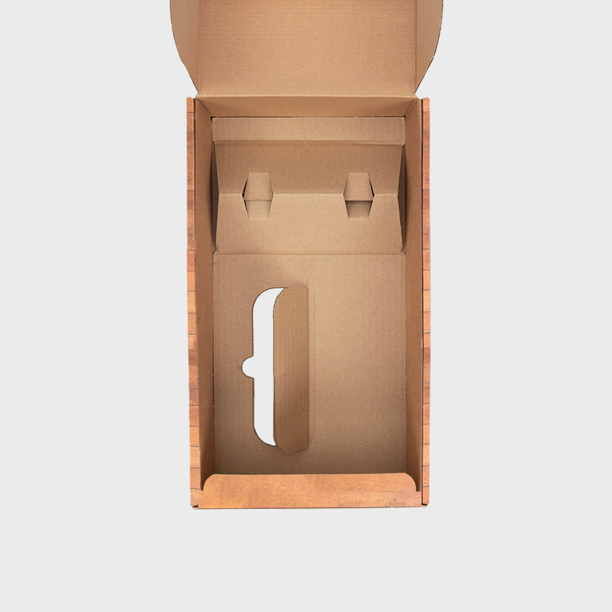 2 Bottle wood effect front opening gift box from high-density rigid paperboard.