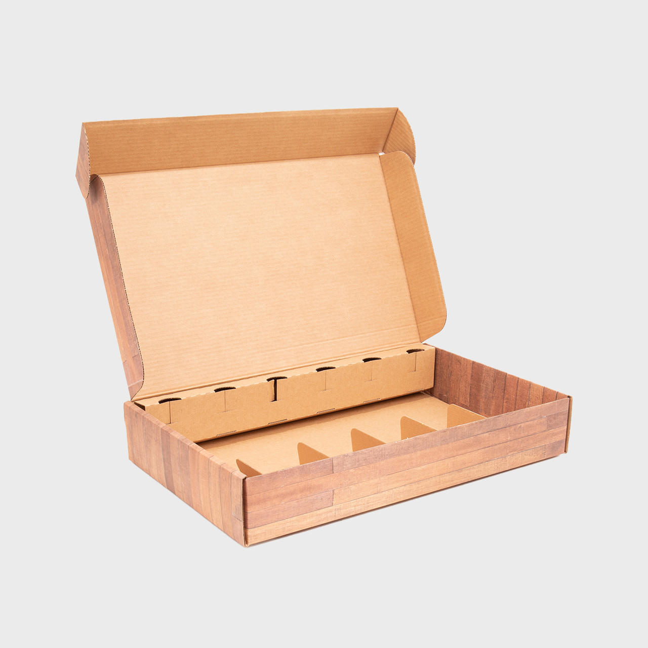 6 bottle wood effect front opening gift box from high-density rigid paperboard.