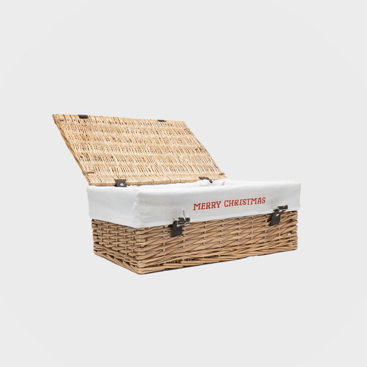 Wicker hamper with embroidered merry christmas liner hand-woven from natural split-wicker.