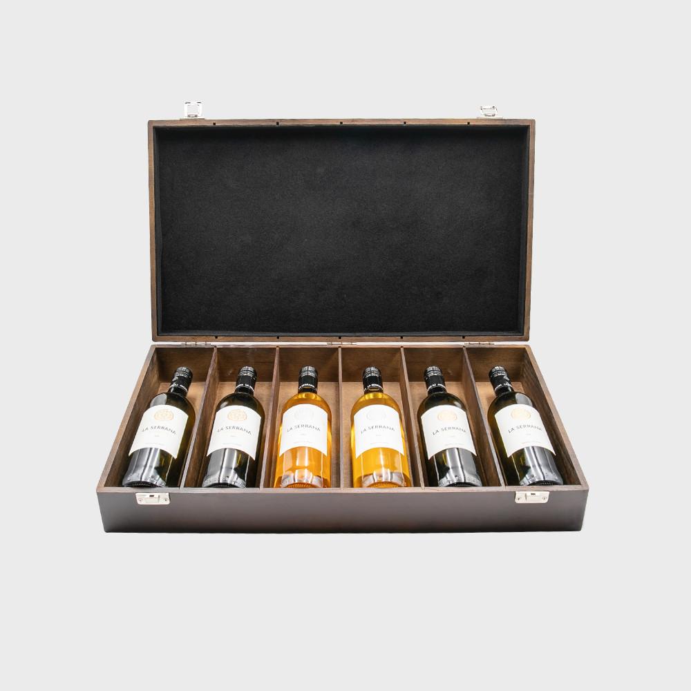 6 bottle luxury elm wood box with black velvet lining.