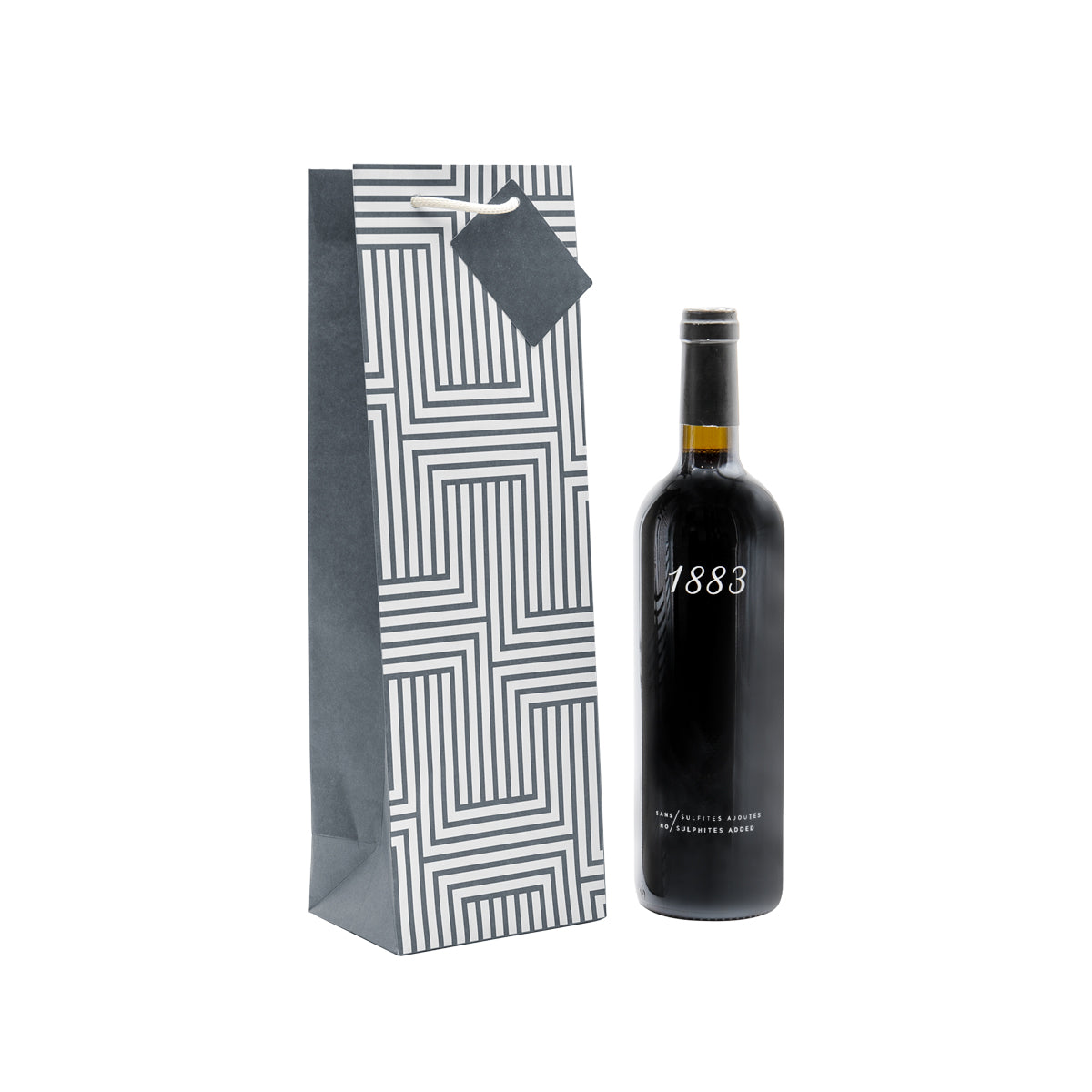 Grey and white geometric design 1 bottle gift bag with bottle of red wine