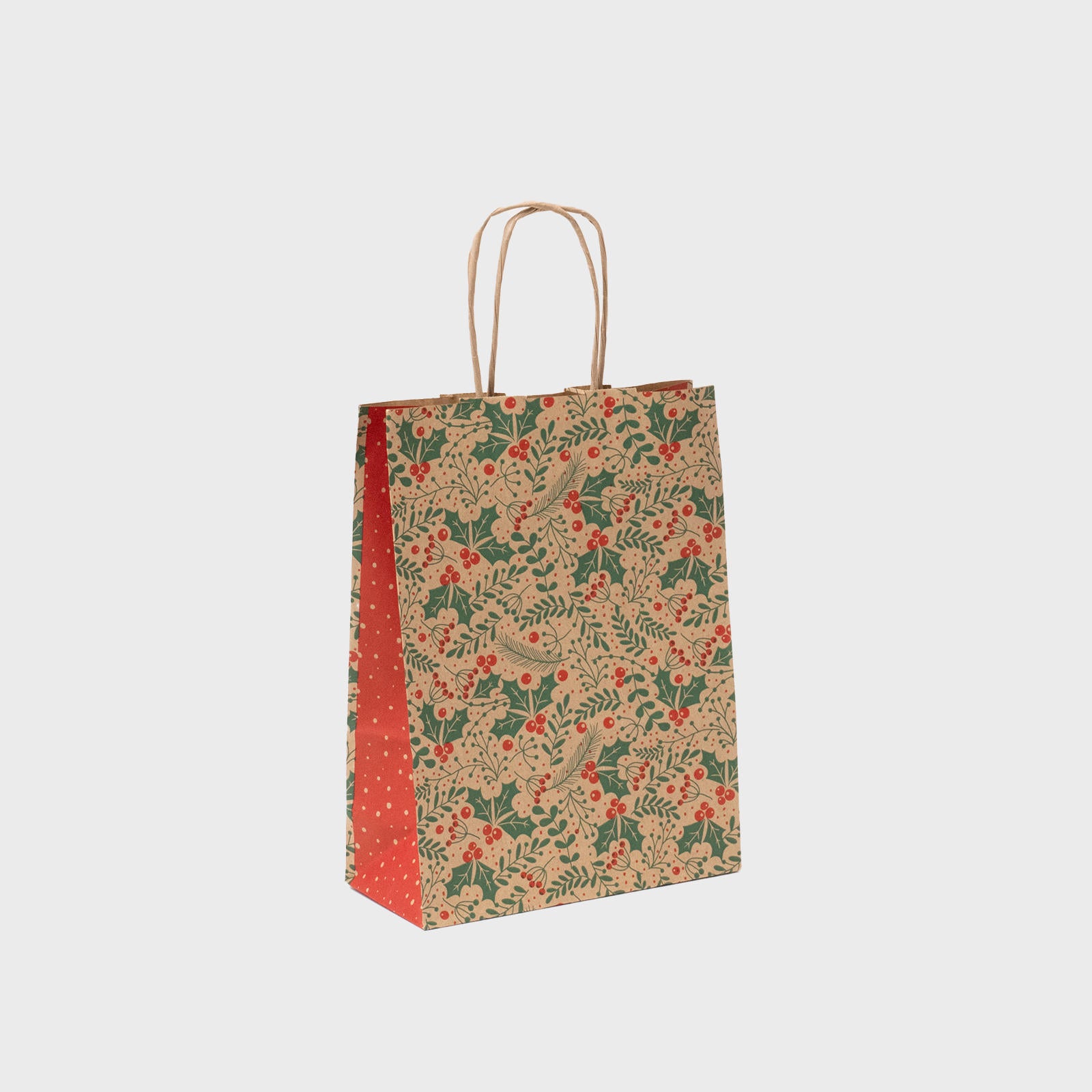 Kraft Paper Bag with Christmas Holly Print