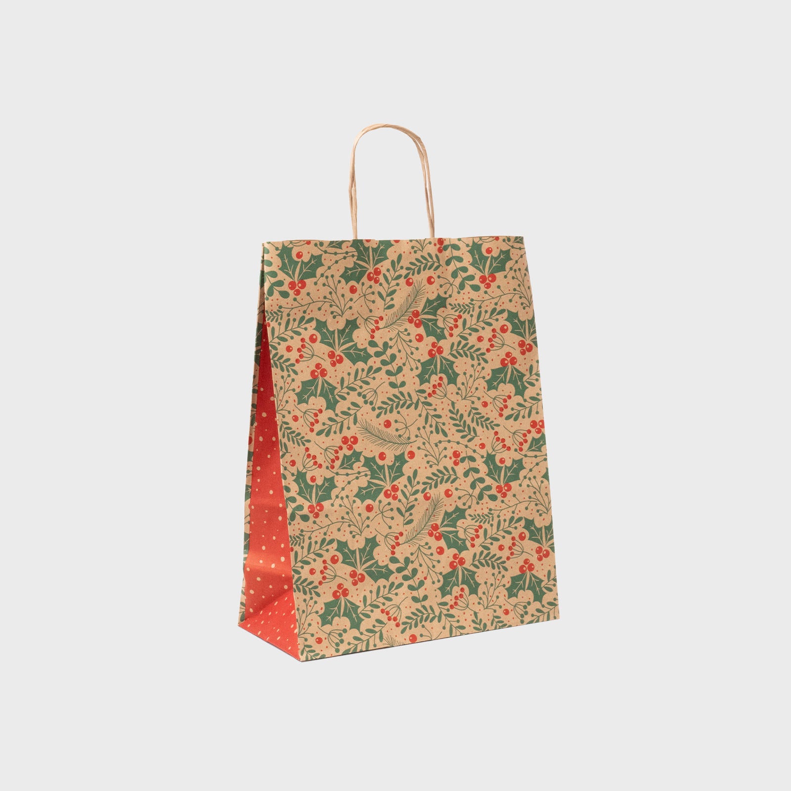 Kraft Paper Bag with Christmas Holly Print