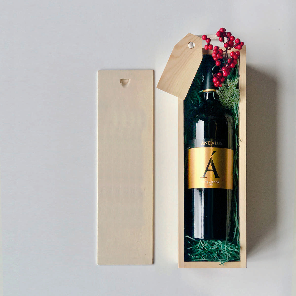 1 Bottle wooden box with rope handle with premium natural wood grain and secure hardware closures.