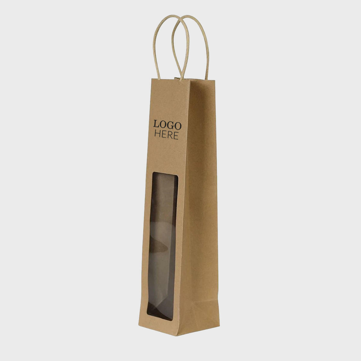 Kraft bottle gift bag with window featuring a patterned finish and heavy-duty handles.