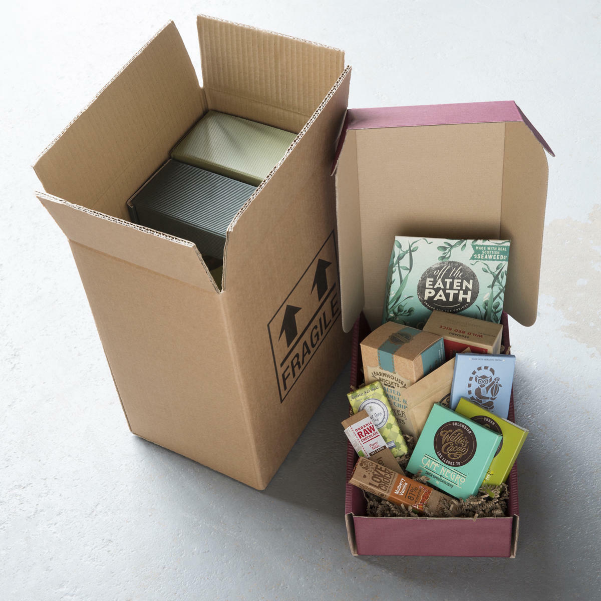 6 bottle box protective outer made from robust corrugated cardboard for shock absorption.