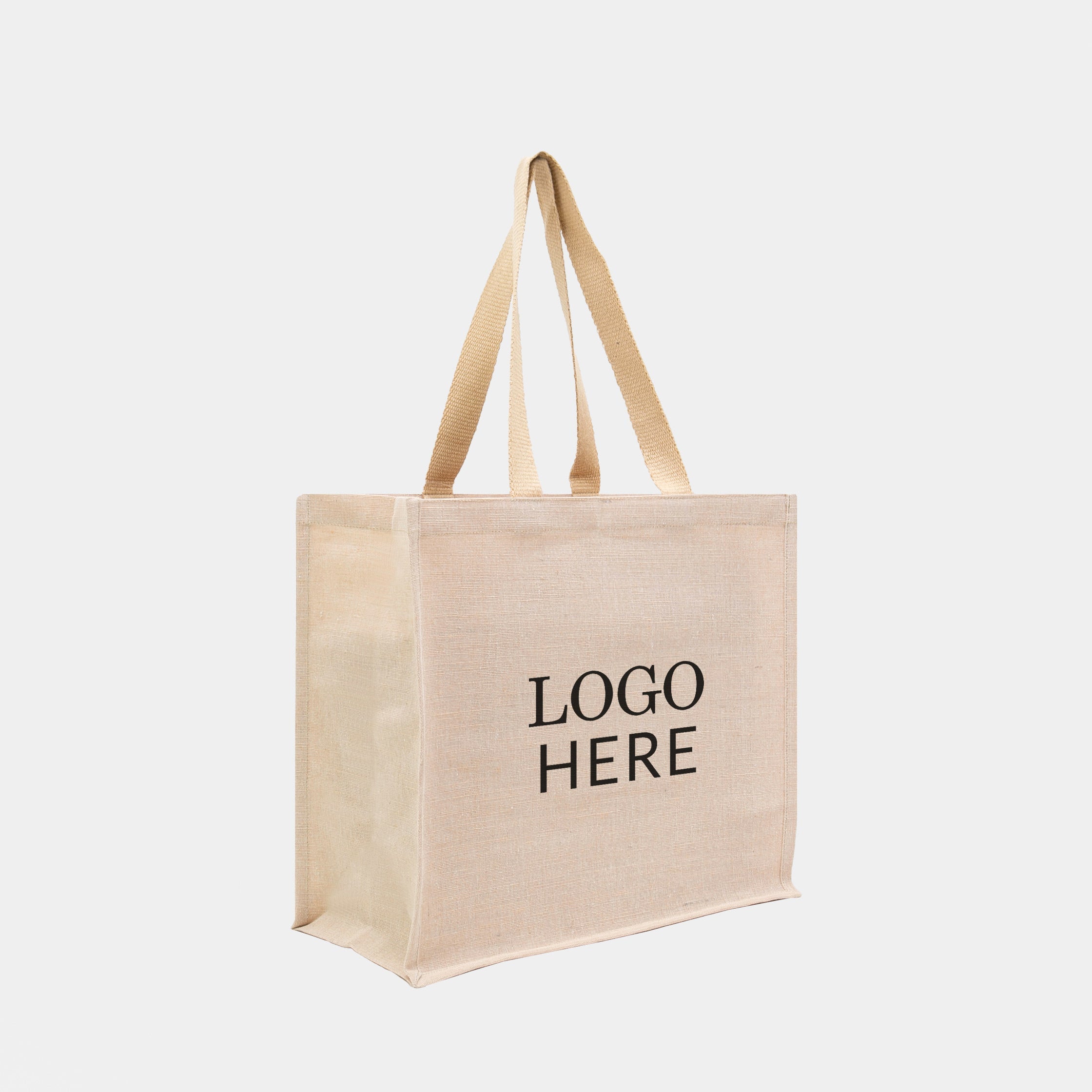 Large stiffened juco bag with webbed handles.
