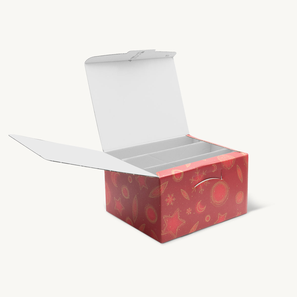 6 bottle red snowflake front opening stacked gift box from high-density rigid paperboard.