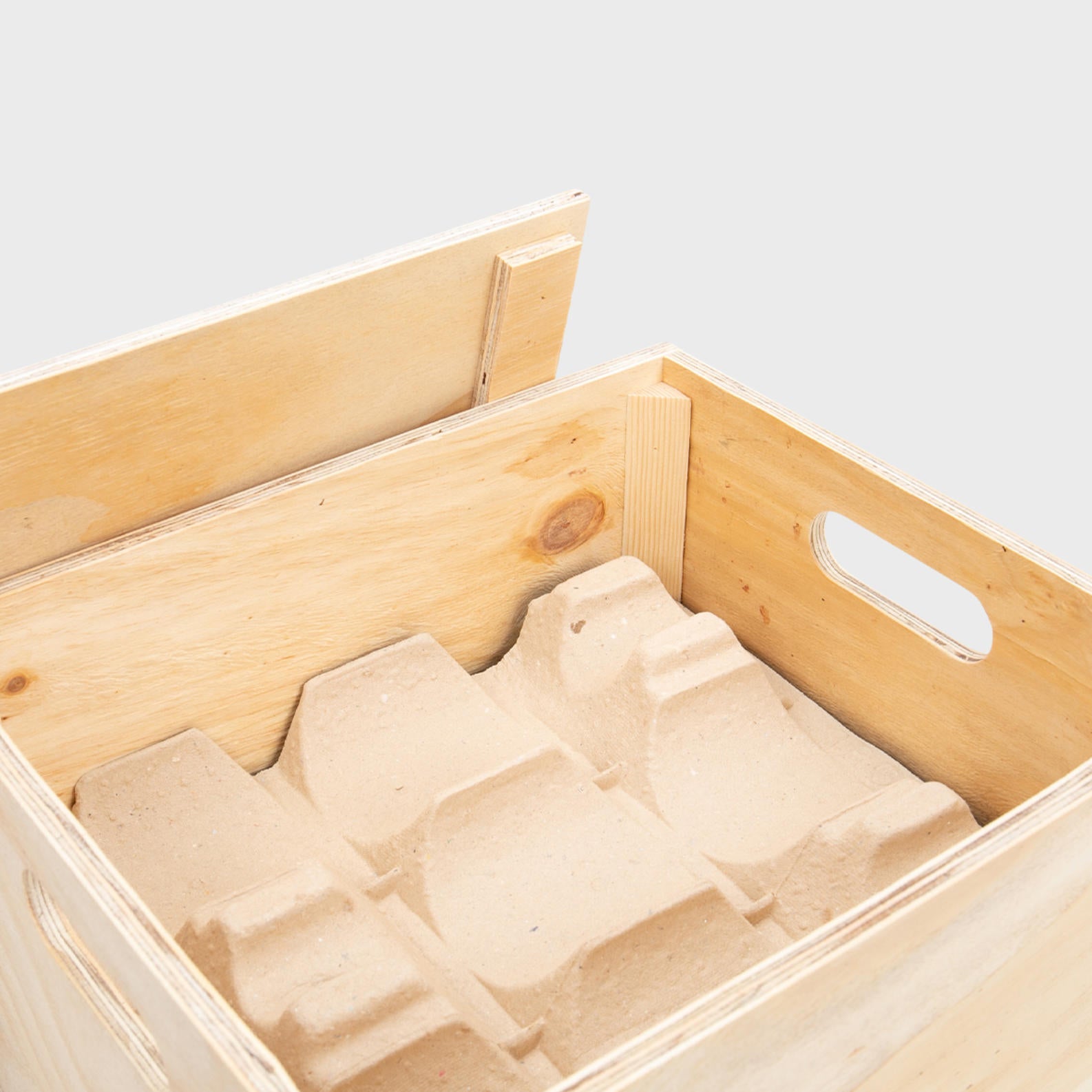 6 Bottle wooden hamper box with drop on lid with premium natural wood grain and secure hardware closures.