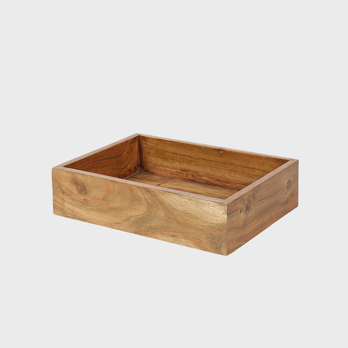Railton acacia wood display tray with structured, low-profile walls and open-top design.