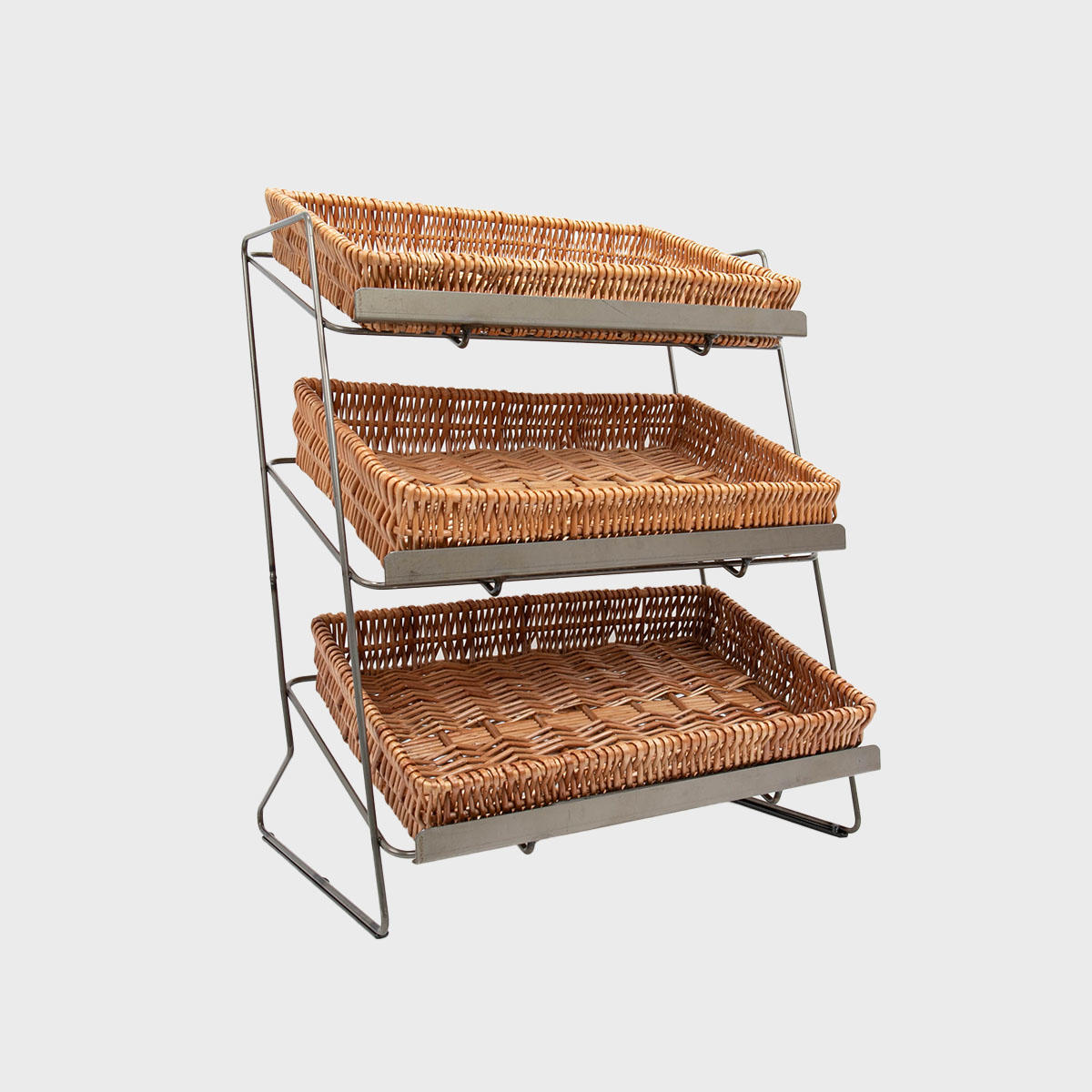 Railton tiered counter top display unit with medium natural wicker trays multi-tiered layout for product positioning.