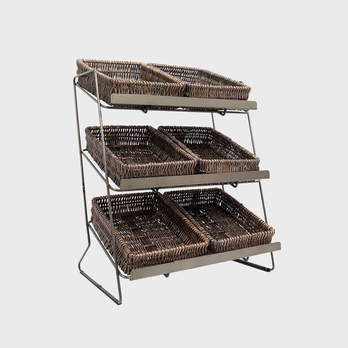 Railton tiered counter top display unit with small pewter wicker trays multi-tiered layout for product positioning.