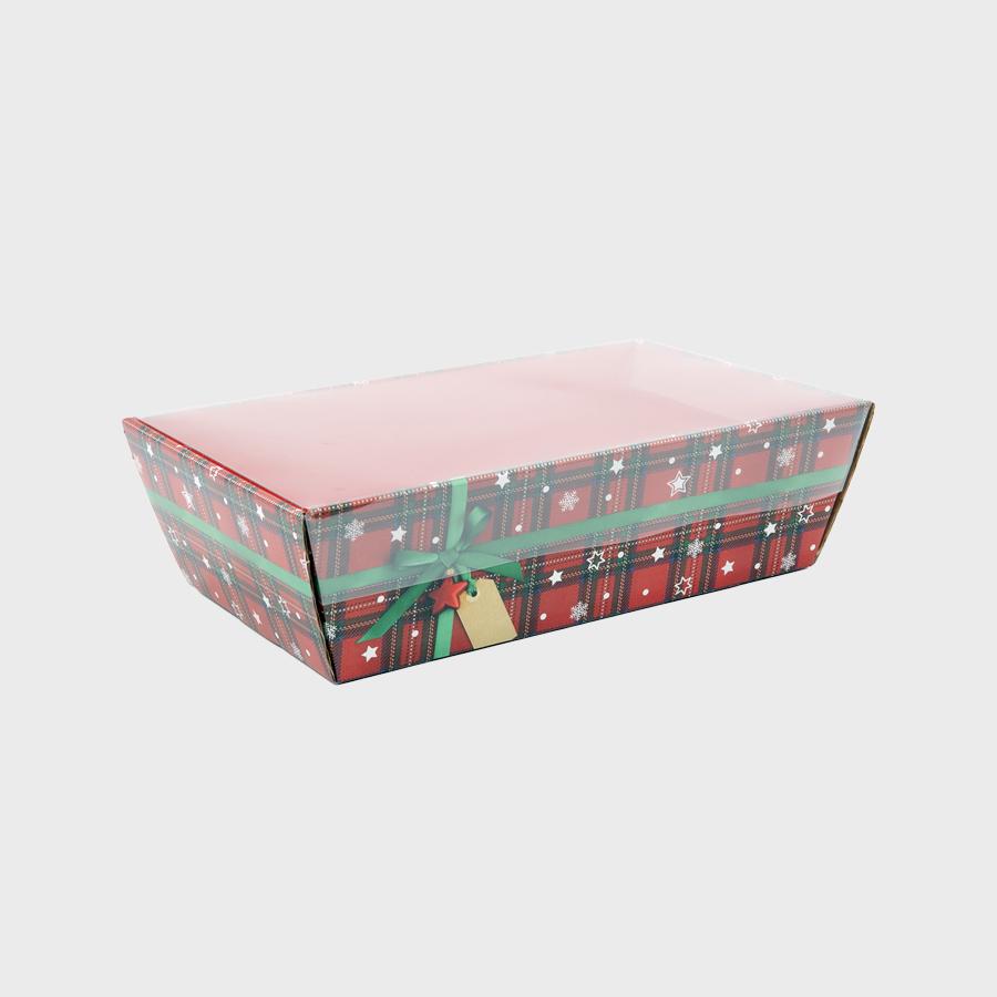 Christmas tartan gift tray with structured, low-profile walls and open-top design.