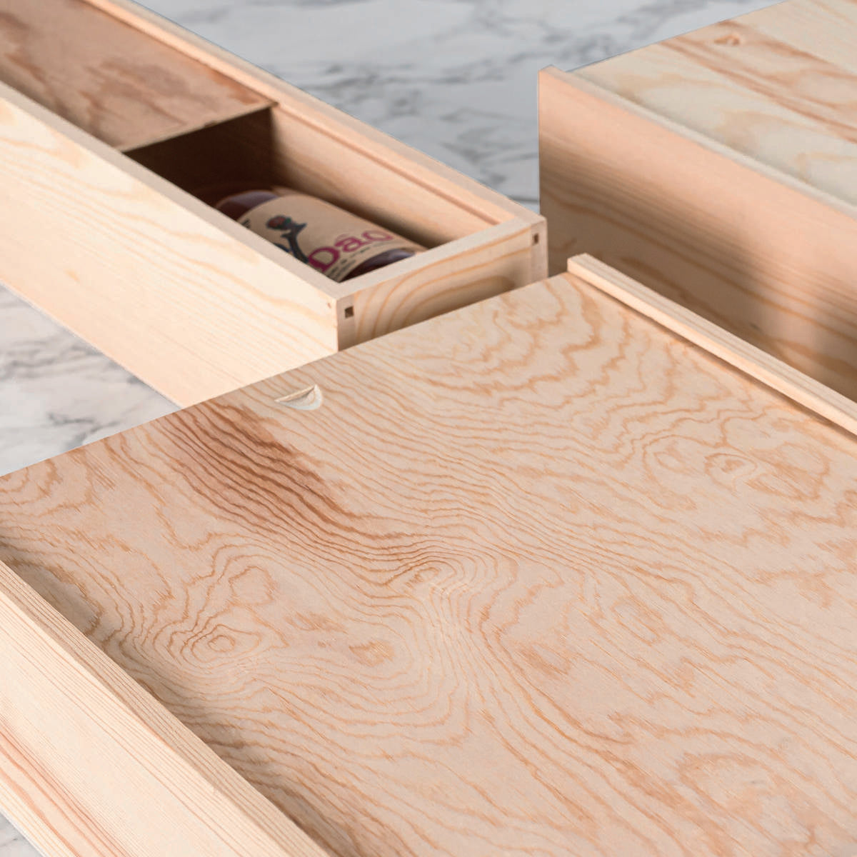 3 Bottle wooden box with rope handle with premium natural wood grain and secure hardware closures.