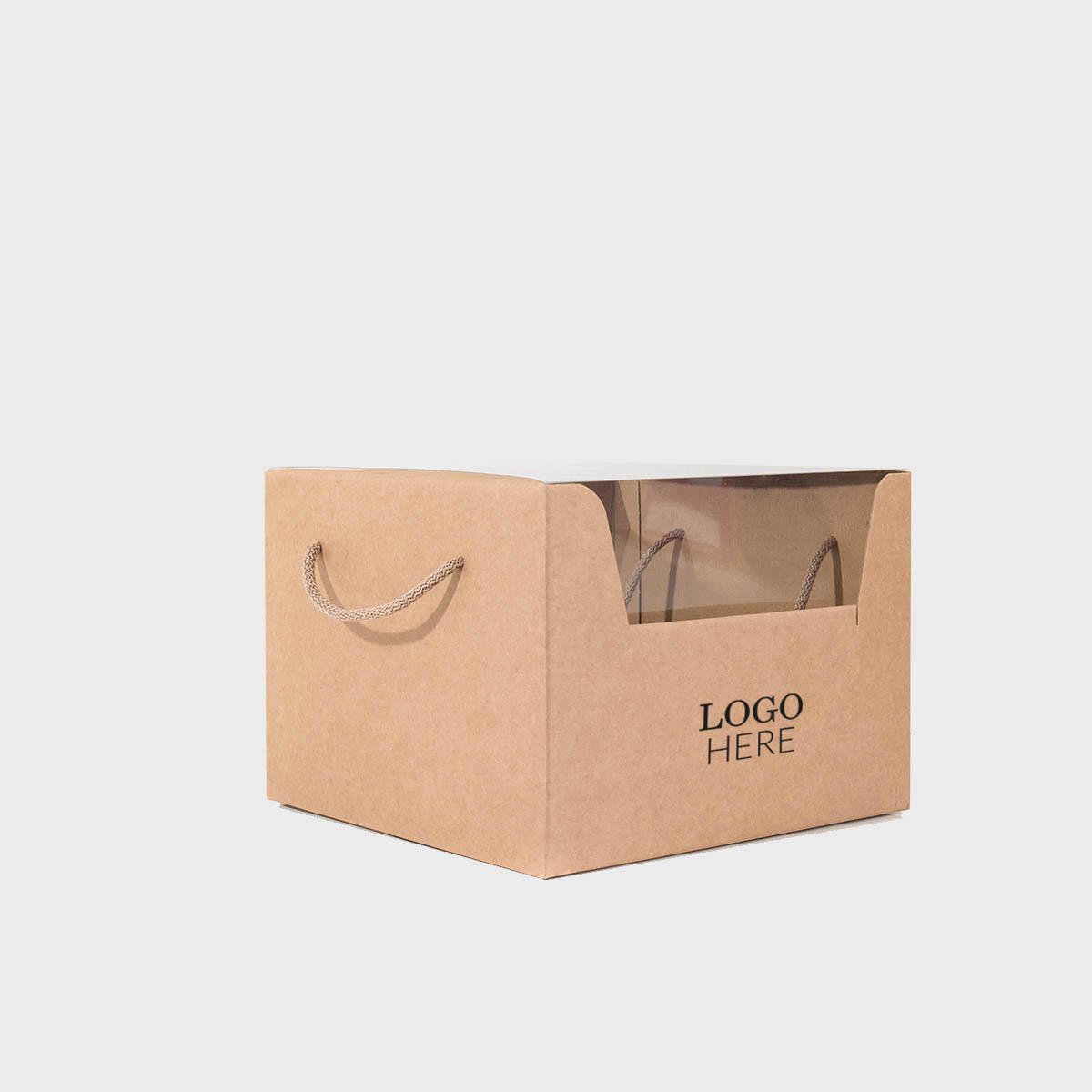 Kraft cake gift box with window and rope handles from high-density rigid paperboard.