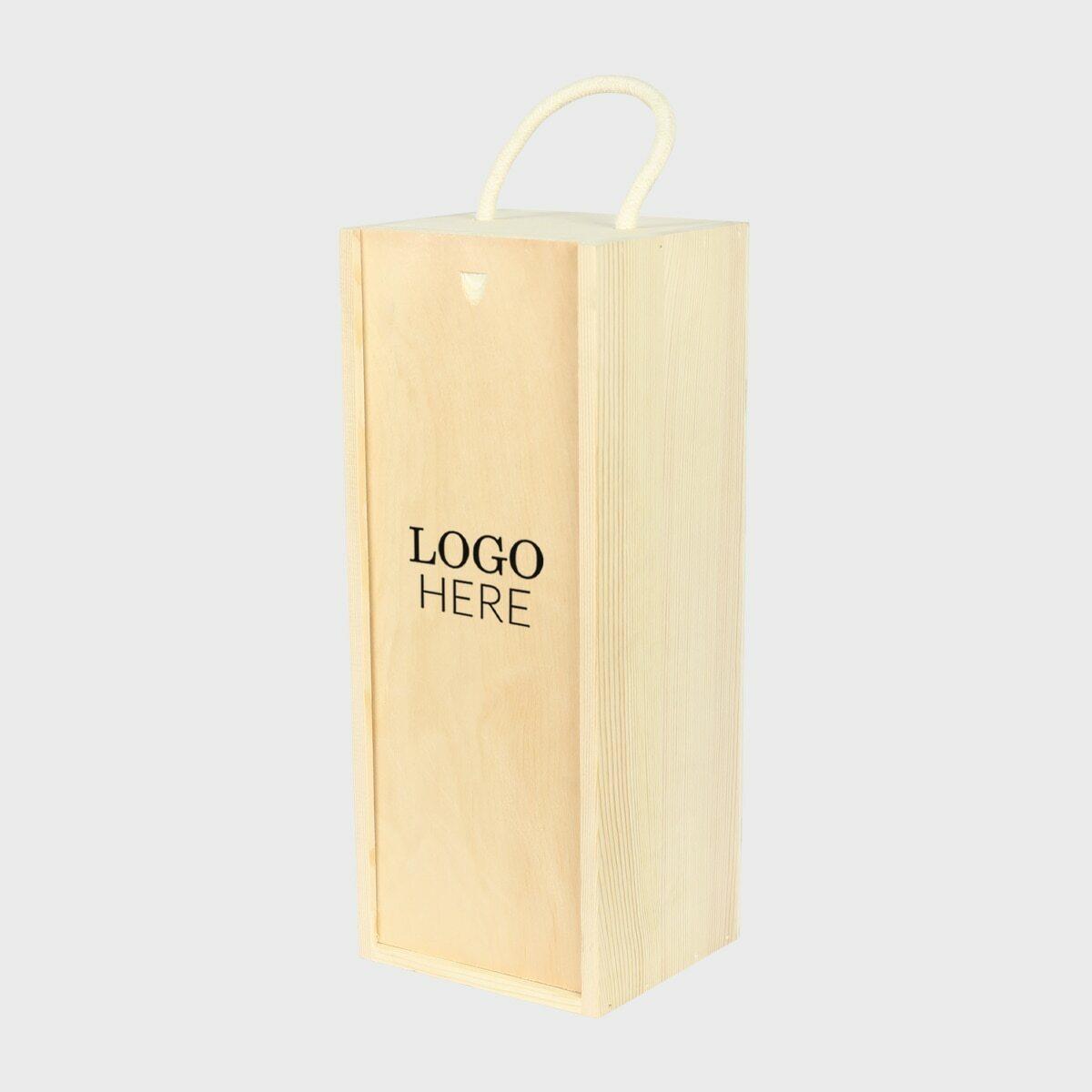 1 oversized bottle wooden box with sliding lid with premium natural wood grain and secure hardware closures.