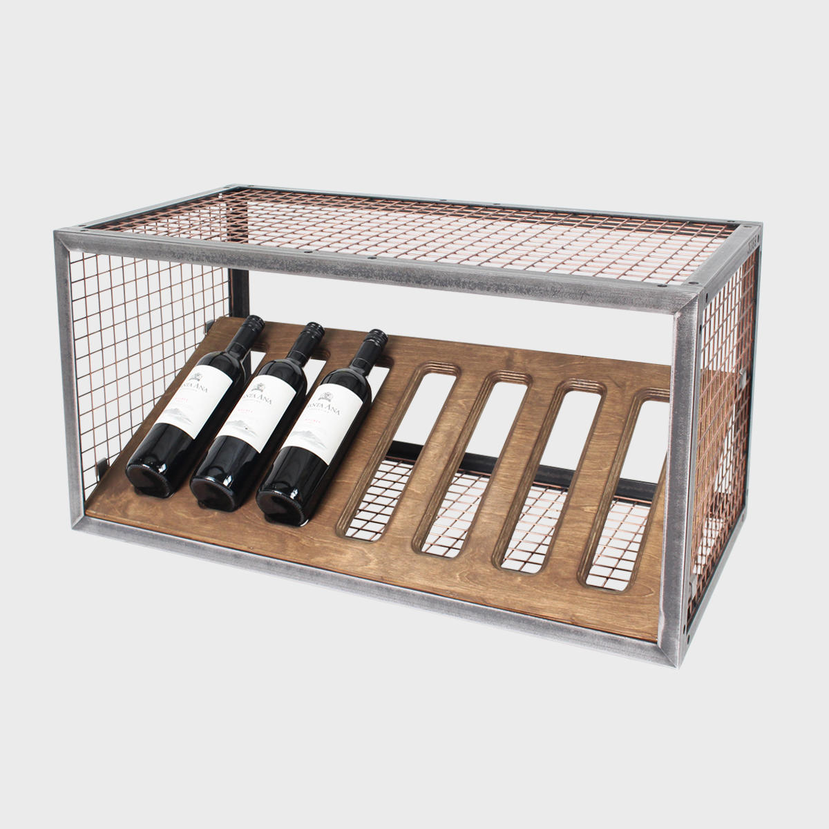 BRIX dark wood bottle shelf featuring a heavy-duty modular geometric profile layout.