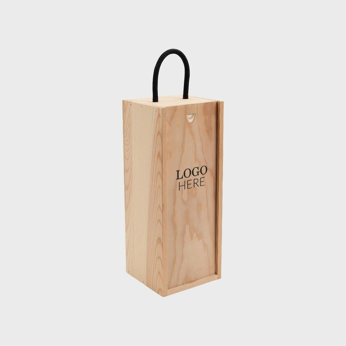 1 spirit bottle wooden box with black rope handle with premium natural wood grain and secure hardware closures.
