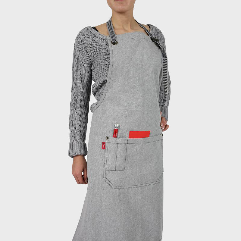 12oz light grey recycled canvas hospitality apron tailored from heavy canvas with reinforcing seams.