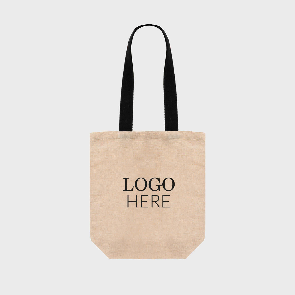 Medium natural unlined juco bag with black handles.