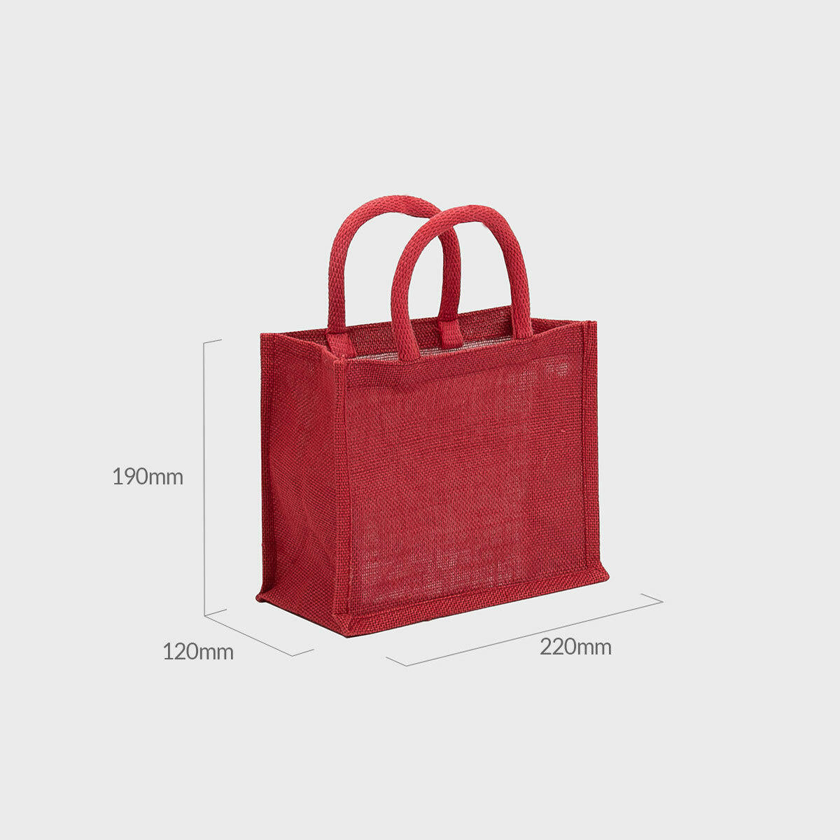 Mini red jute bag with padded handles.
