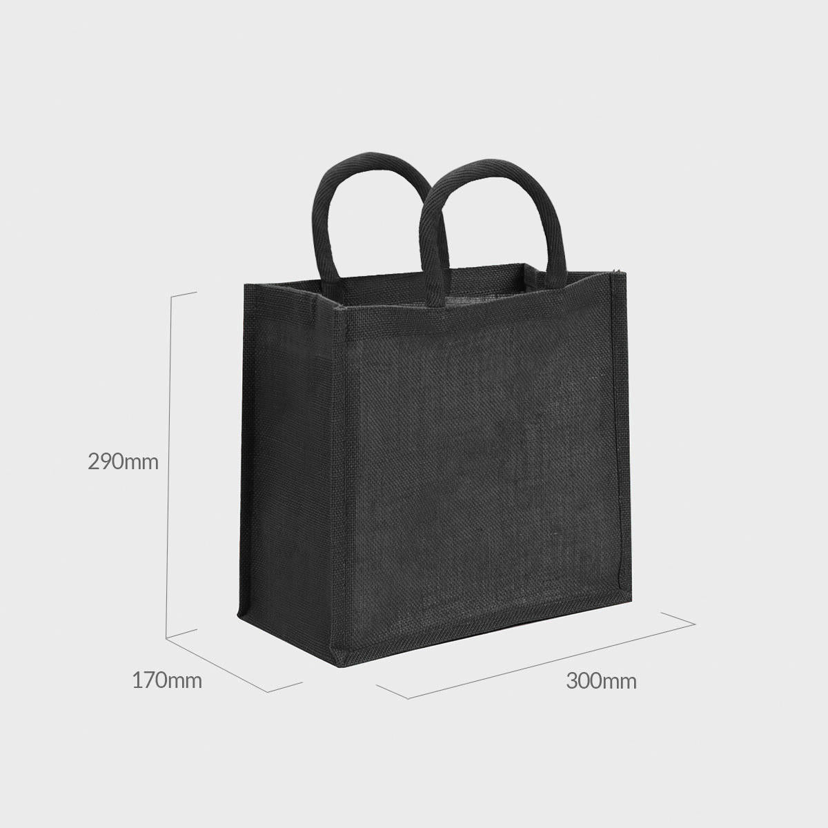 Medium black jute bag with padded handles.