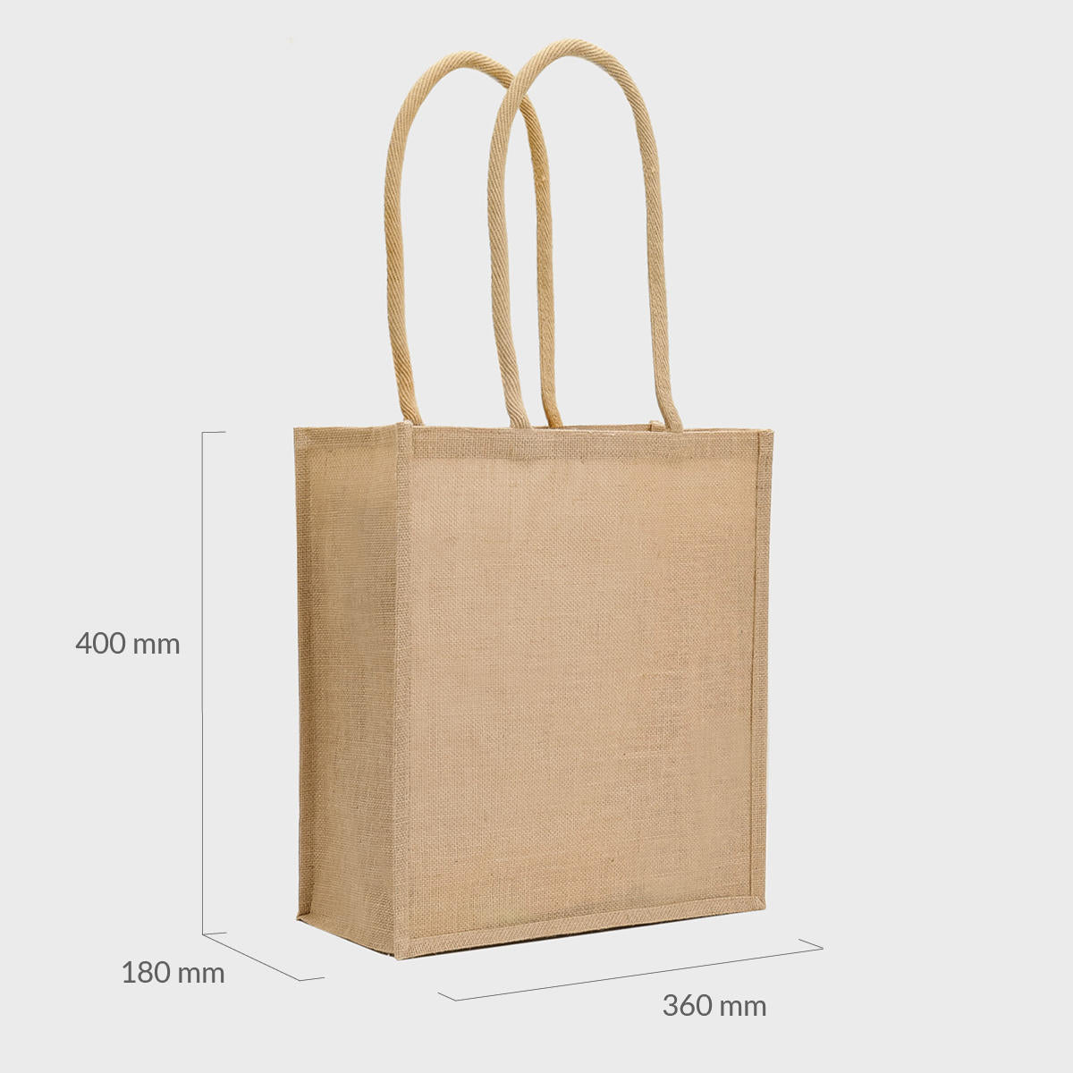 Large portrait jute bag with padded handles.