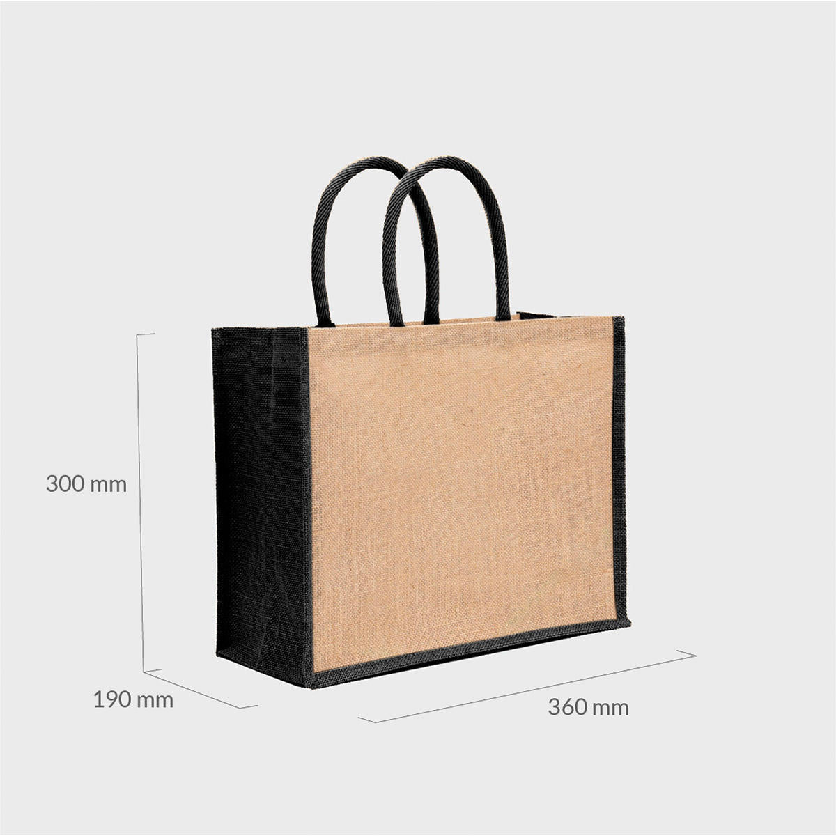 Medium natural jute bag with black gussets with padded handles.