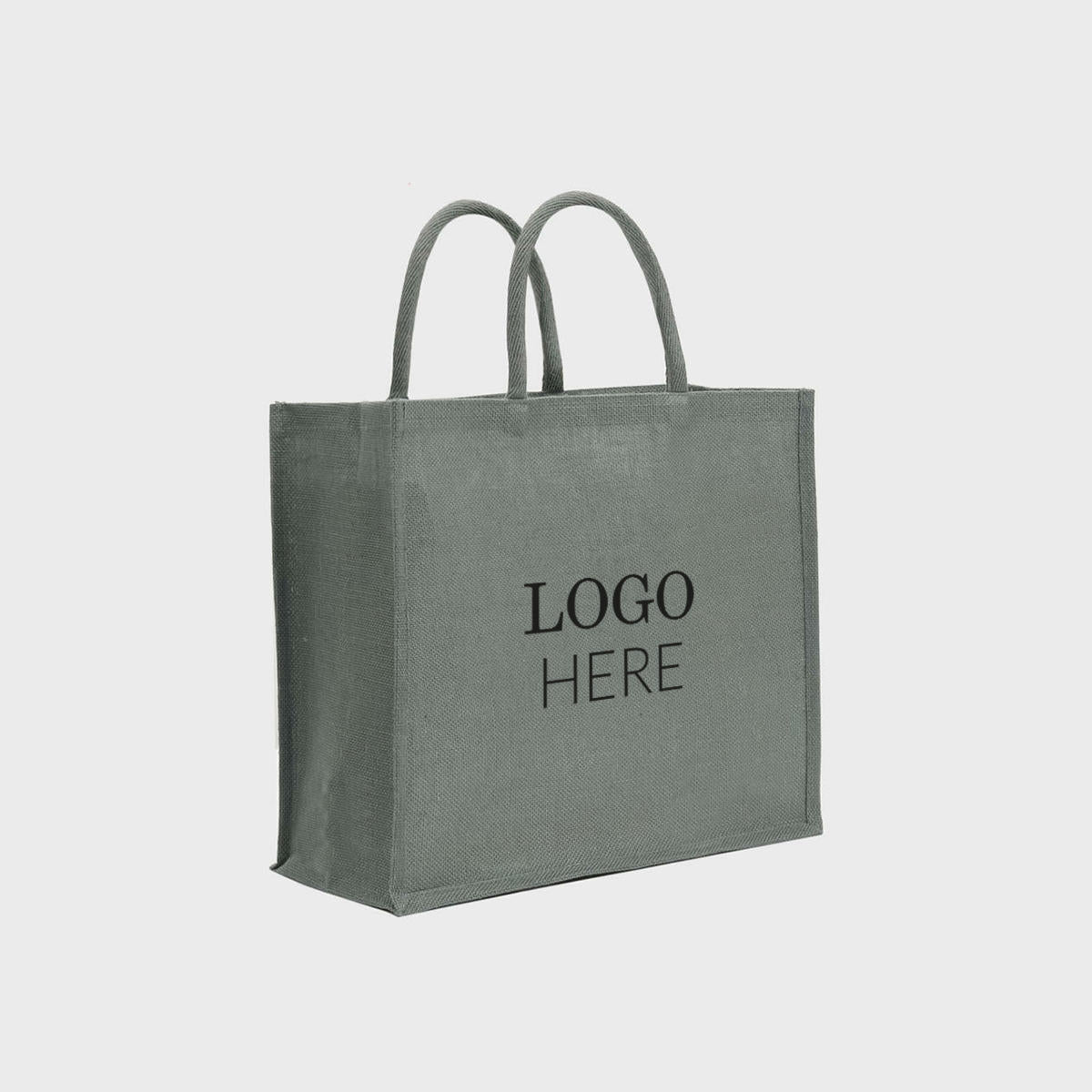 Large grey jute bag with padded handles.