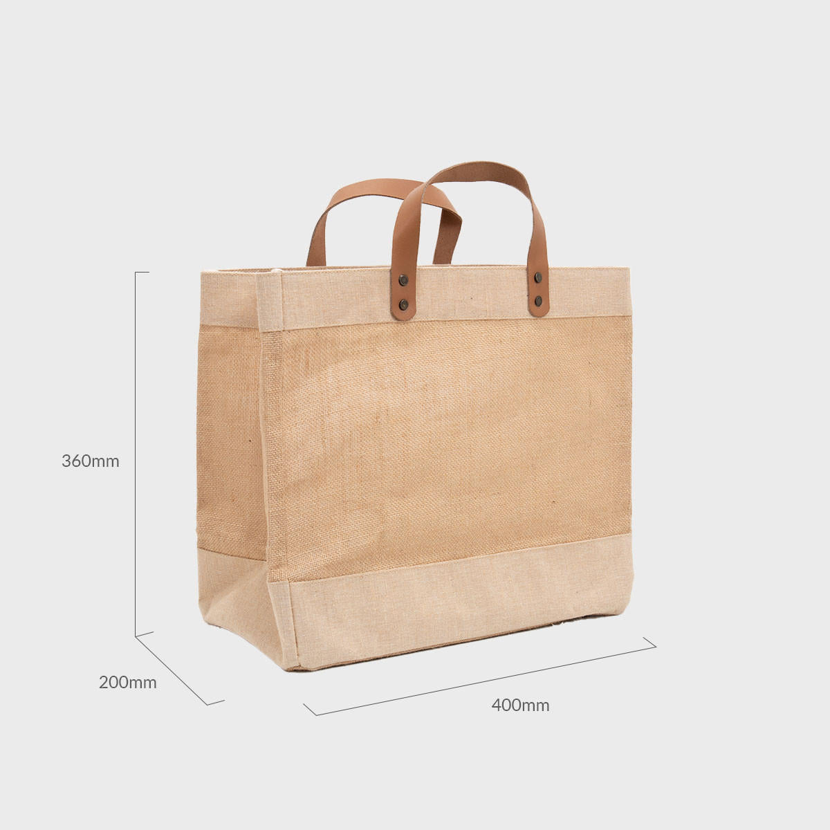 Large natural jute market bag with leather handles.