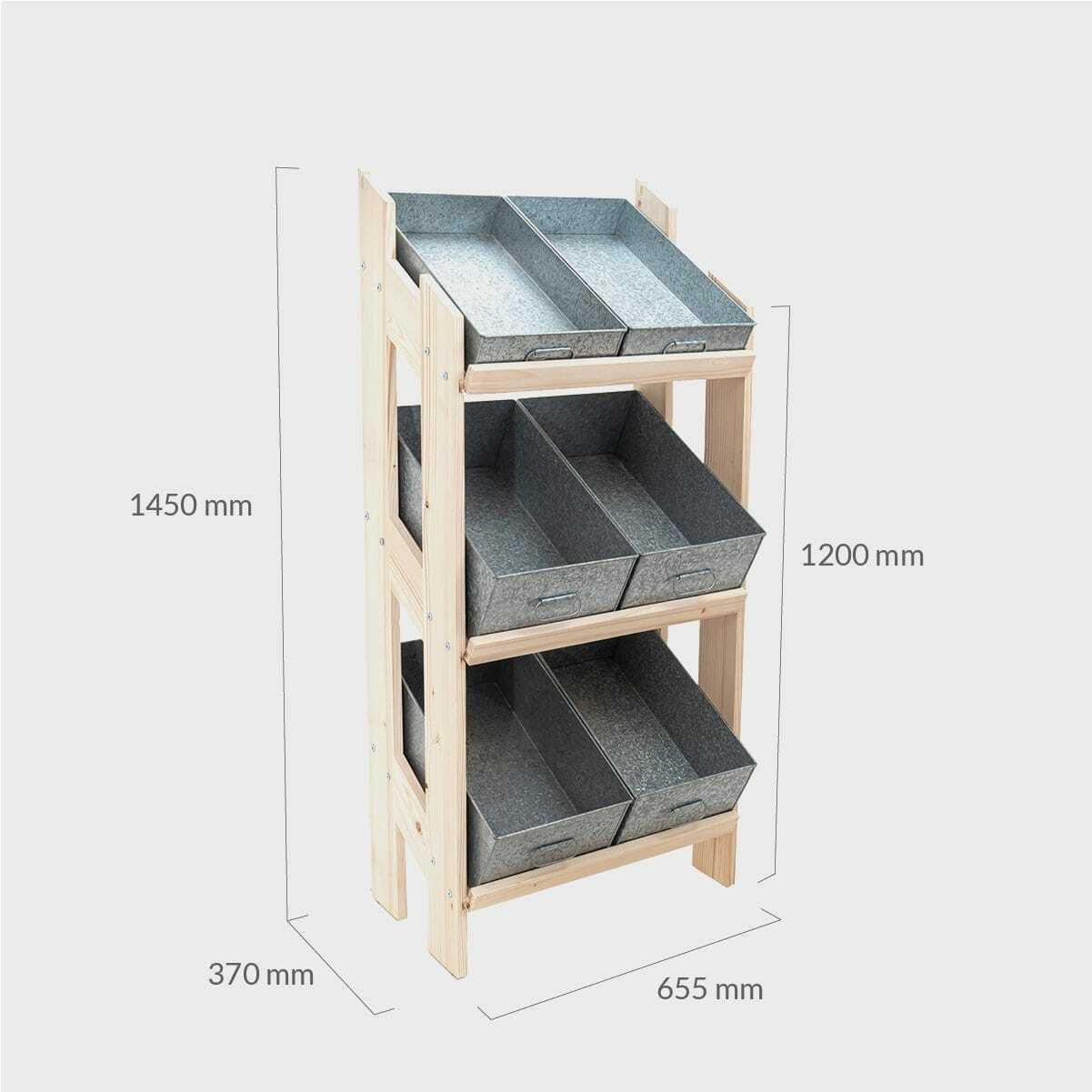 Norwood 3-shelf dark oak stand with galvanised trays and blackbaord 650 with structured, low-profile walls and open-top design.