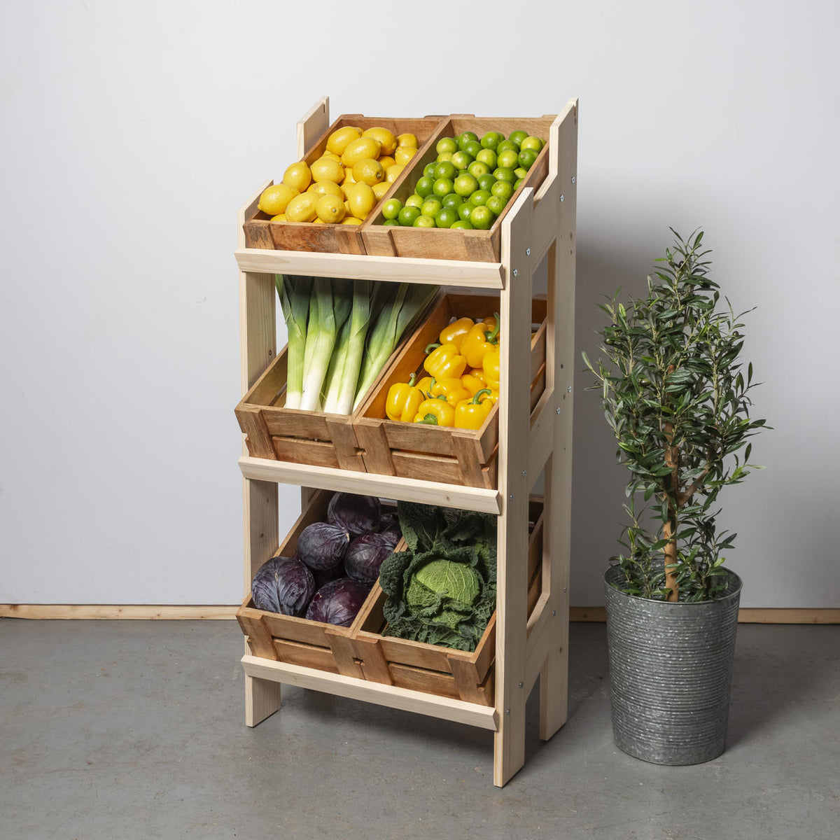 Norwood 3-shelf stand with mango wood crates 650 featuring a multi-tiered layout for product positioning.