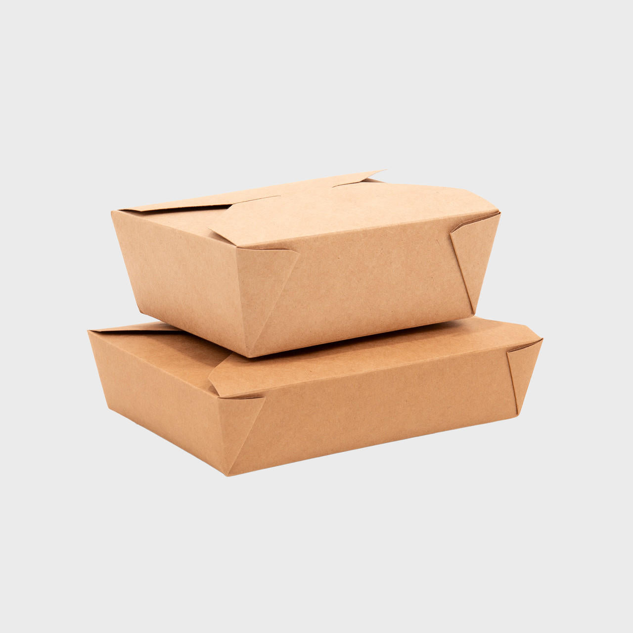 No leak kraft takeaway boxes with leak-resistant folds and heavy-duty paperboard body.
