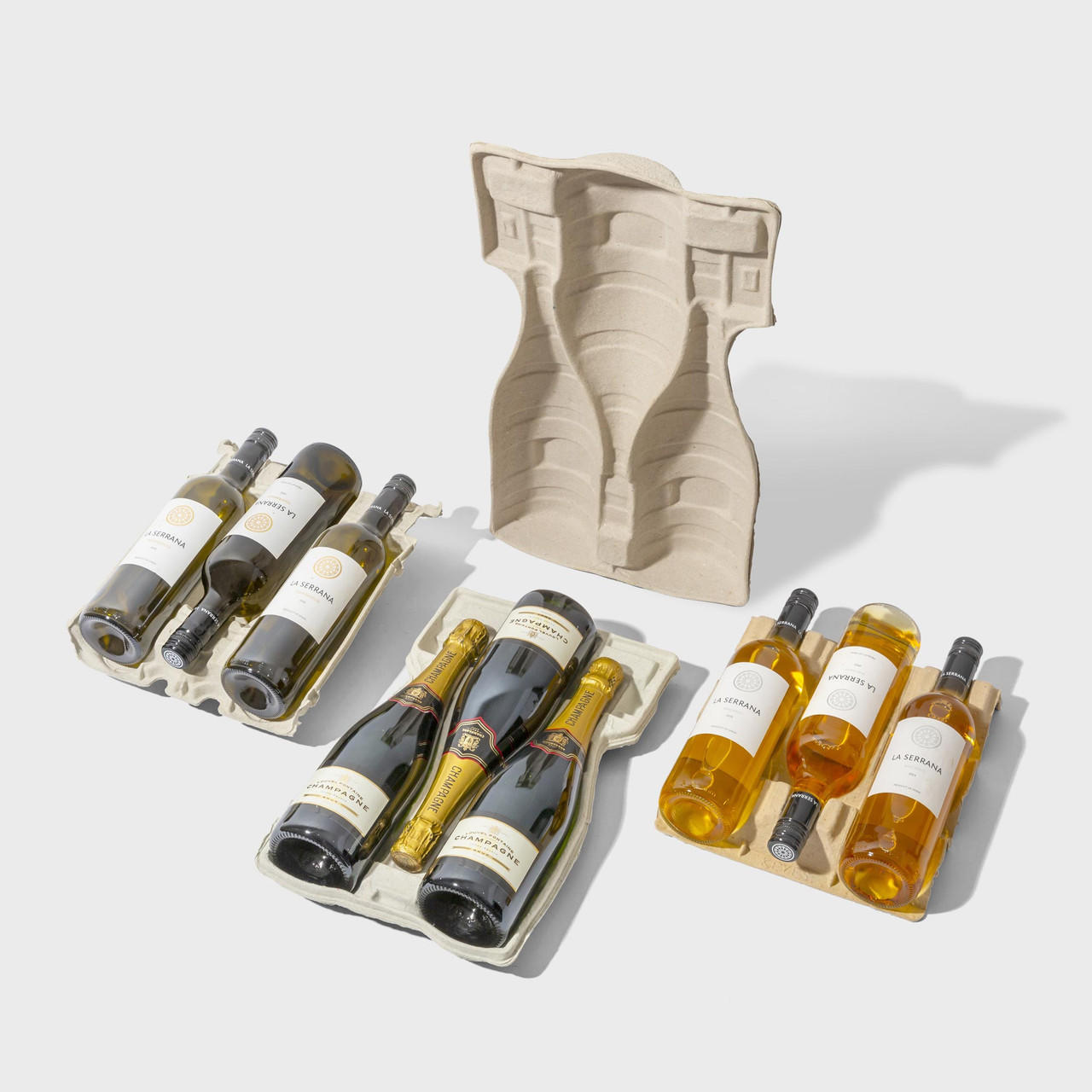 3 bottle pulp tray for bordeaux and burgundy bottle with structured, low-profile walls and open-top design.