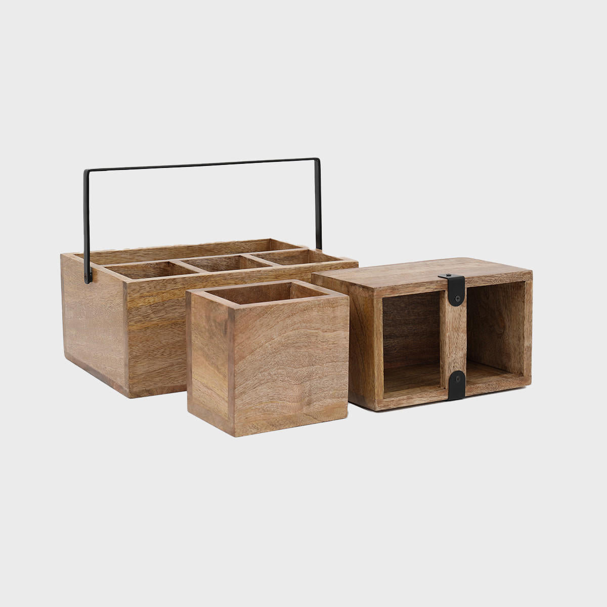Single compartment mango wood caddy with structured, low-profile walls and open-top design.